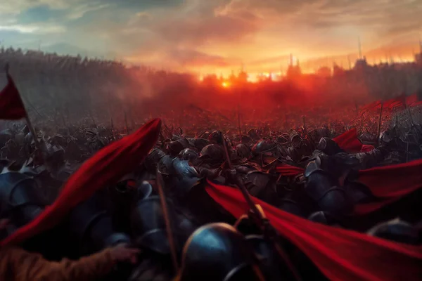 Średniowieczna Wojna Armiami Czerwonymi Flagami Historycznym Starciu Żołnierzy Metalową Zbroją — Zdjęcie stockowe
