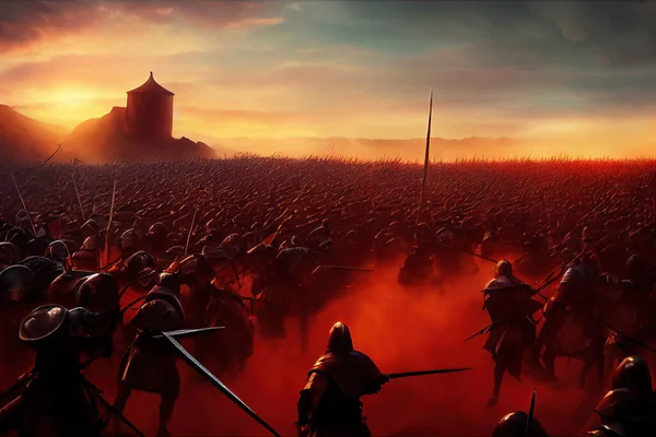 Μεσαιωνική Σκηνή Μάχης Στρατιώτες Βυθισμένους Κόκκινη Σκόνη Μεγάλες Στρατιές Σταυροφόρων — Φωτογραφία Αρχείου