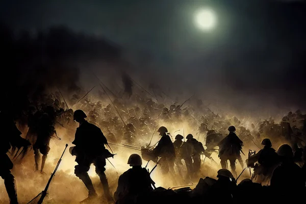 WW1 soldiers climbing a up a hill on the battlefield. 1914 modern warfare in a cinematic and dramatic silhouette image of the armed forces. Trench war wallpaper featuring fog and fire in digital art.