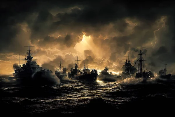 Armoured battleships fighting in World War 2 in open sea. Dramatic art illustration featuring warships in combat. Naval army historical artwork featuring a battle in the ocean digital illustration.
