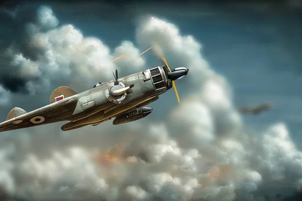 World War 2 binate combat plane in the air among clouds. Aviation wallpaper illustration featuring a propeller fighter aircraft in the sky during WW1. Digital art wallpaper illustration.