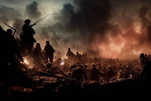 Digital Art Featuring World War Trench Warfare Silhouettes Soldiers Smoke — Stock Photo, Image