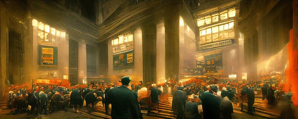 1929年10月29日 株式市場が暴落した ニューヨーク証券取引所の内部をフィーチャーした黒い火曜日 市場の暴落の中に立っている人々の群衆 — ストック写真