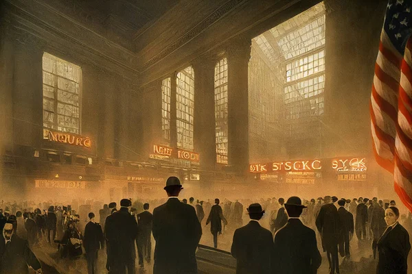 Digital concept art featuring October 29th, 1929 when stock market crashed. Black Tuesday featuring the interior of the New York city stock exchange. Crowds of people standing still at market crash.