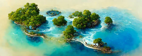 Isole Verdi Panoramiche Con Vegetazione Fogliame Brillante Opera Arte Digitale — Foto Stock