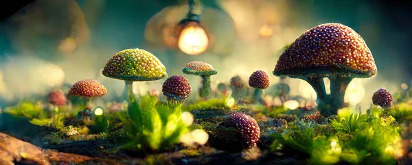 Drawing of nature\'s colourful mushrooms with crystals. Illustration of fungi growing out of the forest\'s moss, toxic and poisonous mushroom proliferating from the ground. Beautiful digital artwork.