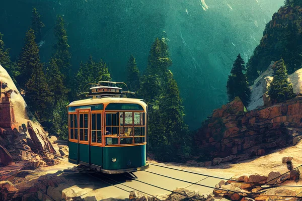 Arte Digitale Fantasy Con Tram Retrò Sulla Ferrovia Sul Lato — Foto Stock