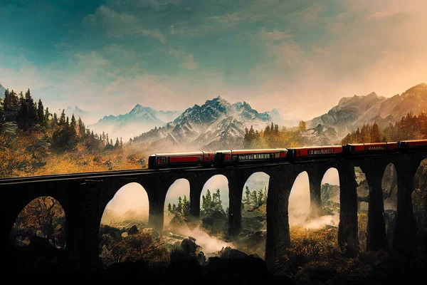 Scenic wallpaper of train with wagons crossing a bridge with arches. Snowy mountains and forests in the background illustration featuring a red train transportation on a voyage across scenic highland