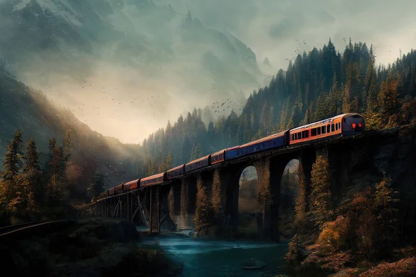 Scenic wallpaper of a train crossing a bridge with arches. Mountains and forests in a background illustration featuring a red train transportation on a voyage. River below the train tracks.