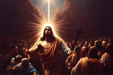 Digital painting of Jesus Christ surrounded by a crowd of Christian followers. Enlightened by spiritual light son of god lifting his hands up in an enlightening, heavenly religious testament artwork.  clipart
