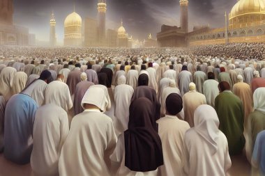 Halifelik 'te ramazan sırasında kutsal bir cemaatte Müslümanların yer aldığı dini dijital konsept sanatı. Müslümanlar arka planda camilerle en kutsal mekanlarda dua ediyorlar. İslam dini.