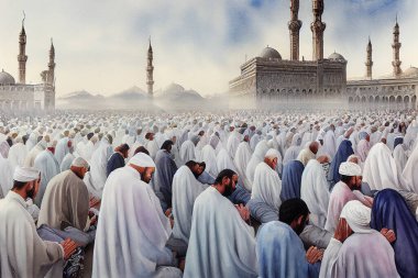 Hilafet sanatının dijital konsepti insanların Ramadhan 'a dua etmesidir. Müslüman duvar kâğıdı çizimleri giymiş beyazlar içindeki insanlar kutsal Mekke 'de dua ediyorlar. Arap İslam duaları.