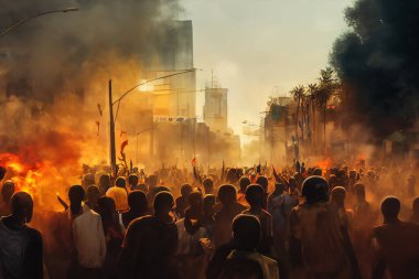 Bir Afrika şehrinde isyan sanatı. Sokaklar yanıyor, kızgın insanların siluetleri devrimi protesto ediyor. Duvar kâğıdı arka planı bu dijital sanat eserinde toplu şiddet ve yıkımı gösteriyor..