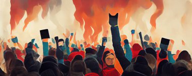 Elleri havada, kızgın, sosyal değişim için ayaklanan kızgın protestocuların dijital sanat eserleri. Arka planda ateş ve dumanla büyük bir kalabalığı resmediyor..