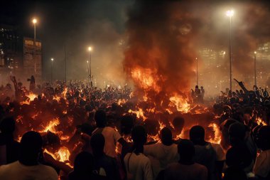 Kavramsal sanat, Afrika 'da protestocuların sokakları yakıp yıktığı ayaklanmalar içeriyor. Sivil kargaşa arka planında siluetler, anarşi ve yıkım içeren mafya şiddeti.