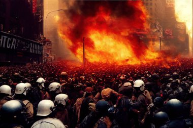 New York yangınında bir sürü isyancı, karanlık siluetler ve duman. Büyük bir şehrin sokaklarında kargaşanın ve protestoların, anarşinin, distopik ve anarşik bir sanat eserinde huzursuzluğun örneklerini çiziyor. Gerçekçi sanat.
