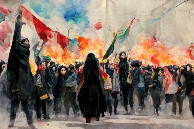 İran 'daki tesettür ve hükümet karşıtı protestoların suluboya dijital tablosu. Eşitlik ve dayanışma için güçlü bir insan hakları hareketinde başörtüsü yakan kadınlar. Güçlü İranlı kadın sanatı.