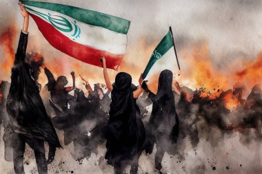 Sari 'nin İranlı kadınları, rejim karşıtı tesettüre karşı yapılan protestolarda başörtülerini yakıp dans ediyorlar. Suluboya dijital resimde kadın protestocularla güçlü insan hakları hareketi.