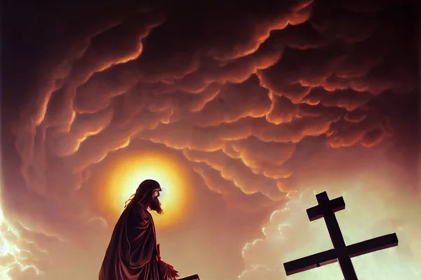 A religious digital artwork featuring Jesus Christ the son of god kneeling and praying in front of a wooden cross. The messiah with spiritual light in a symbolic drawing of Catholicism and prayer.