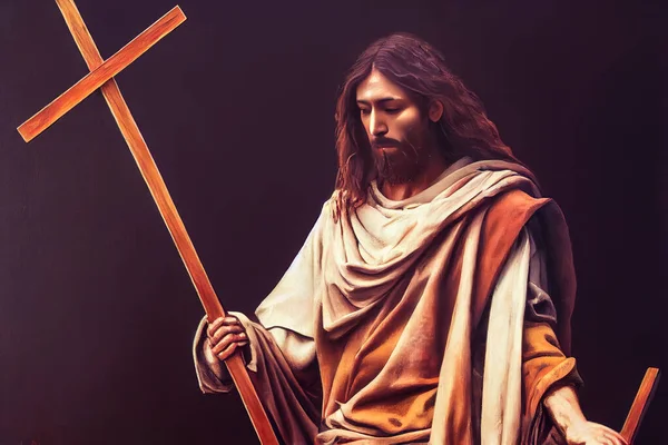 Релігійний Цифровий Живопис Ісуса Дерев Яним Хрестом Представляє Християнство Господь — стокове фото