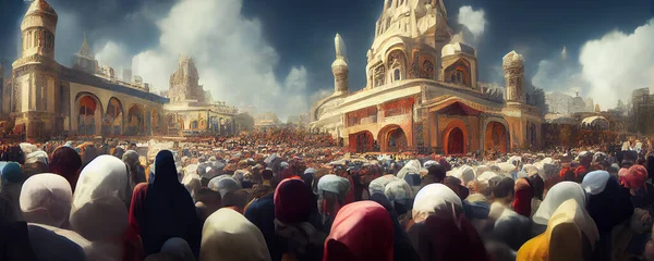 カリフのラマダーン中の聖なる会衆におけるイスラム教徒の群衆をフィーチャー宗教的なデジタルコンセプトアート 背景にモスクがある聖地で祈るイスラム教徒 — ストック写真