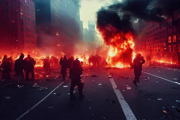 ニューヨークの火災 暗いシルエットや火災でライターの群衆 大都市の路上での混乱や抗議行動 アナーキーなアートワークにおける不穏な状況を描く 現実美術 — ストック写真