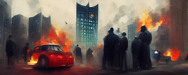 暗いシルエットや煙の上に車や建物で暴動の余波の絵 大都市の路上での混乱や抗議のイラスト アナーキーな作品における不穏な動き — ストック写真