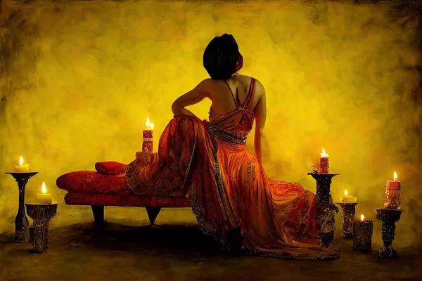 Digital concept art of a bellydancer sitting on a table with a red dress turned away. Yellow background and candles in this digital artwork illustration. Belly dance outfit on an elegant Arab woman.