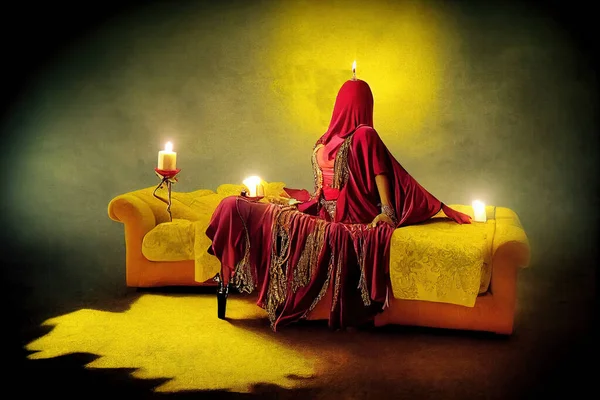 Digital concept art illustration of a feminine belly dancer sitting on a yellow sofa surrounded by candles. Belly dance middle eastern woman wearing a red traditional arabian dress turned away.