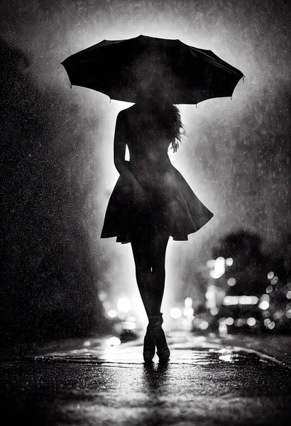 Digital artwork illustration of woman in the rain. Silhouette wallpaper featuring a female with an umbrella with car headlights illuminating the figure. Standing with crossed legs and heavy rainfall.
