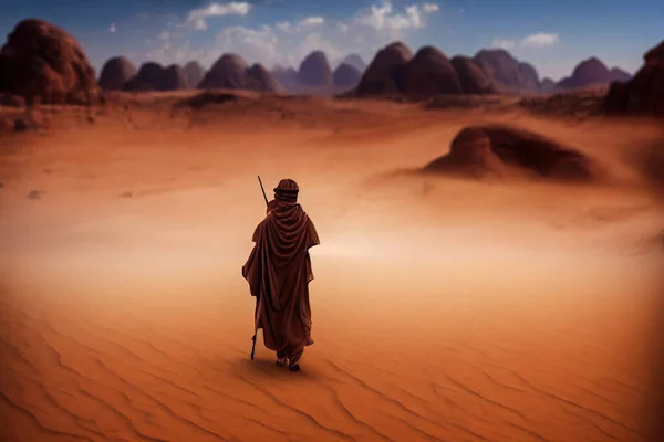 Ένας Μοναχικός Βεδουίνος Που Ταξιδεύει Στην Έρημο Γουάντι Ραμ Silhouette — Φωτογραφία Αρχείου