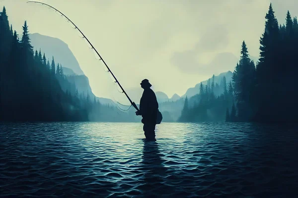 穏やかな湖の真ん中に立っている漁師は 長い棒で釣り 壁紙風景デジタルグラフィックアート 屋外で魚を釣る男のシルエットを表現したコンセプトアートワーク — ストック写真