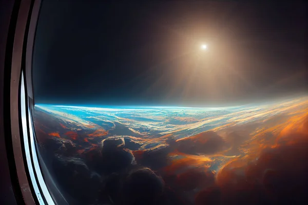View from a space shuttle. Large round window overlooking earth from space. Cosmos view of the globe and sun in the background through the window of a spacecraft. Digital art of the world from rocket