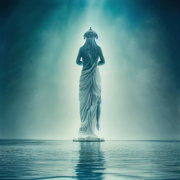 Goddess of water, religious mystical statue artwork illustration. Digital art piece featuring the back of a divine female god looking into the distance. Reflection in the water illuminating the statue