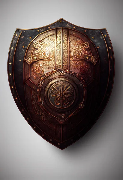 Ornate medieval buckler shield with ornaments and patterns. Metal historical battle shield for fighting, iron metal, realistic Middle Ages historic design in this digital art concept