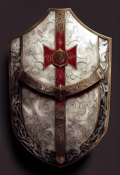 Pointed triangular German crusader shield with a bronze cross and pattern decorations. Medieval historical shield for battles used in the dark ages by crusaders. Wallpaper art.