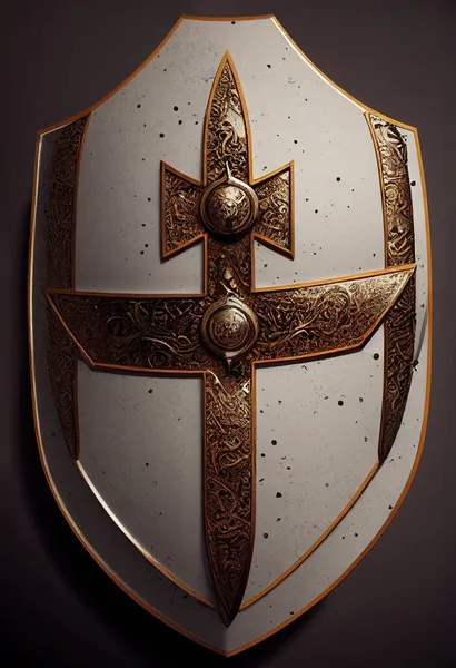 Pointed triangular German crusader shield with a bronze cross and pattern decorations. Medieval historical shield for battles used in the dark ages by crusaders. Wallpaper art.