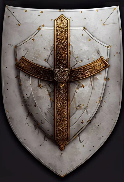 Pointed triangular crusader shield with a bronze cross and pattern decorations. Medieval historical shield for battles used in the dark ages by crusaders. Wallpaper art.