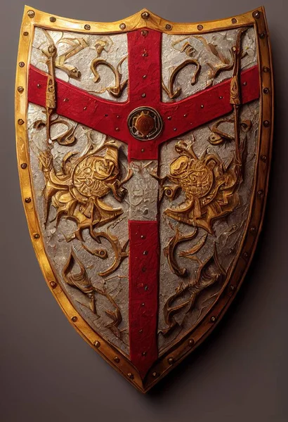 Historic pointed shield featuring red and gold ornaments and patterns. Royal knight shield with a golden crown decoration. Medieval battle shield realistic illustration drawing