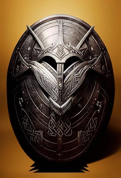 Elliptical battle shield made out of metal. Iron defensive medieval shield for knights and soldiers. Realistic historic illustration featuring an ornament covered middle age escutcheon object.