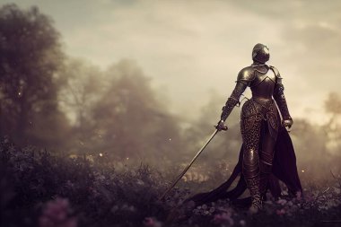 Savaştan sonra savaş meydanının ortasında duran zırhlı bir kadın şövalye. Ortaçağ tarihsel üç boyutlu dijital illüstrasyonda Demir Zırhlı Kadın Şövalye.