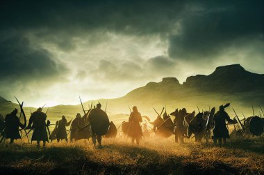 Savaş alanında savaşan Viking barbarlarından oluşan bir ordu. Orta Çağ dijital illüstrasyonunda Vikingler büyük bir alanda tarihi bir ortaçağ sanat eserinde yağmalayıp savaşıyor. Kuzeydeki siluetler