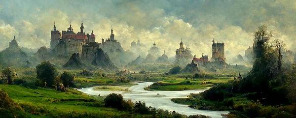 Ψηφιακό Μεσαιωνικό Τοπίο Ζωγραφική Οχυρό Κάστρο Μεταξύ Λόφων Και Βουνών — Φωτογραφία Αρχείου
