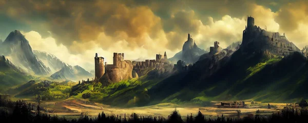 Ψηφιακό Μεσαιωνικό Τοπίο Ζωγραφική Των Κάστρων Ανάμεσα Λόφους Και Βουνά — Φωτογραφία Αρχείου