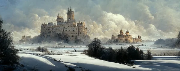 Digital medieval landscape painting winter stronghold castle, scenic white snowy fields. Inspired by medieval fantasy.