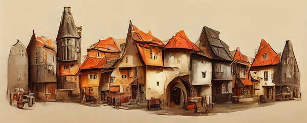 Digital Cutout of a medieval town. Gouache painting of a historic town, buildings with red roofs on light colour background. Village wallpaper for digital inspiration and layovers
