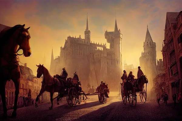 道路上の馬車 シルエットや映画の照明と歴史的な都市の中世のデジタルイラスト 背景にヨーロッパの城を描いた壁紙 ダイナミックな絵画作品 — ストック写真