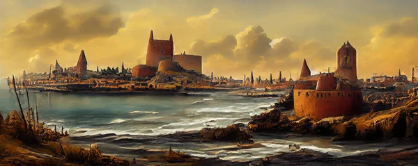 港都市 海と町と風光明媚な歴史的景観のデジタル中世の風景画 背景コンセプトアート — ストック写真