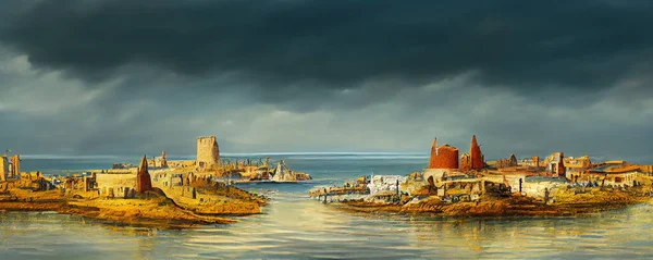 Pittura Paesaggistica Digitale Medievale Una Città Portuale Paesaggio Storico Panoramico — Foto Stock