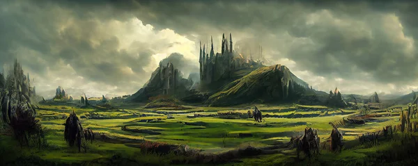 Digital medieval landscape painting of castles among hills and mountains, green fields and dark skies. Inspired by fantasy medieval